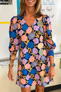 Navy Blue Hydrangea Floral Print Bishop Sleeve V Neck Shift Dress