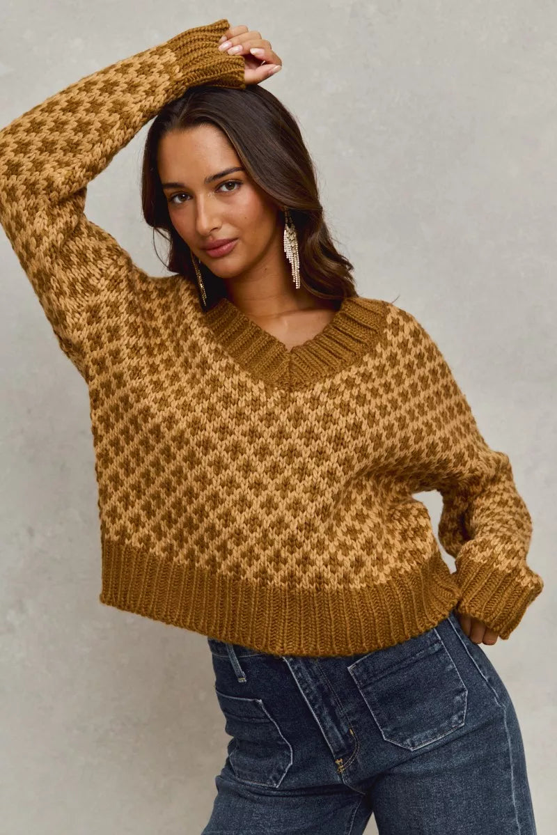 Color Block Textured Christmas Sweater V Neck Top