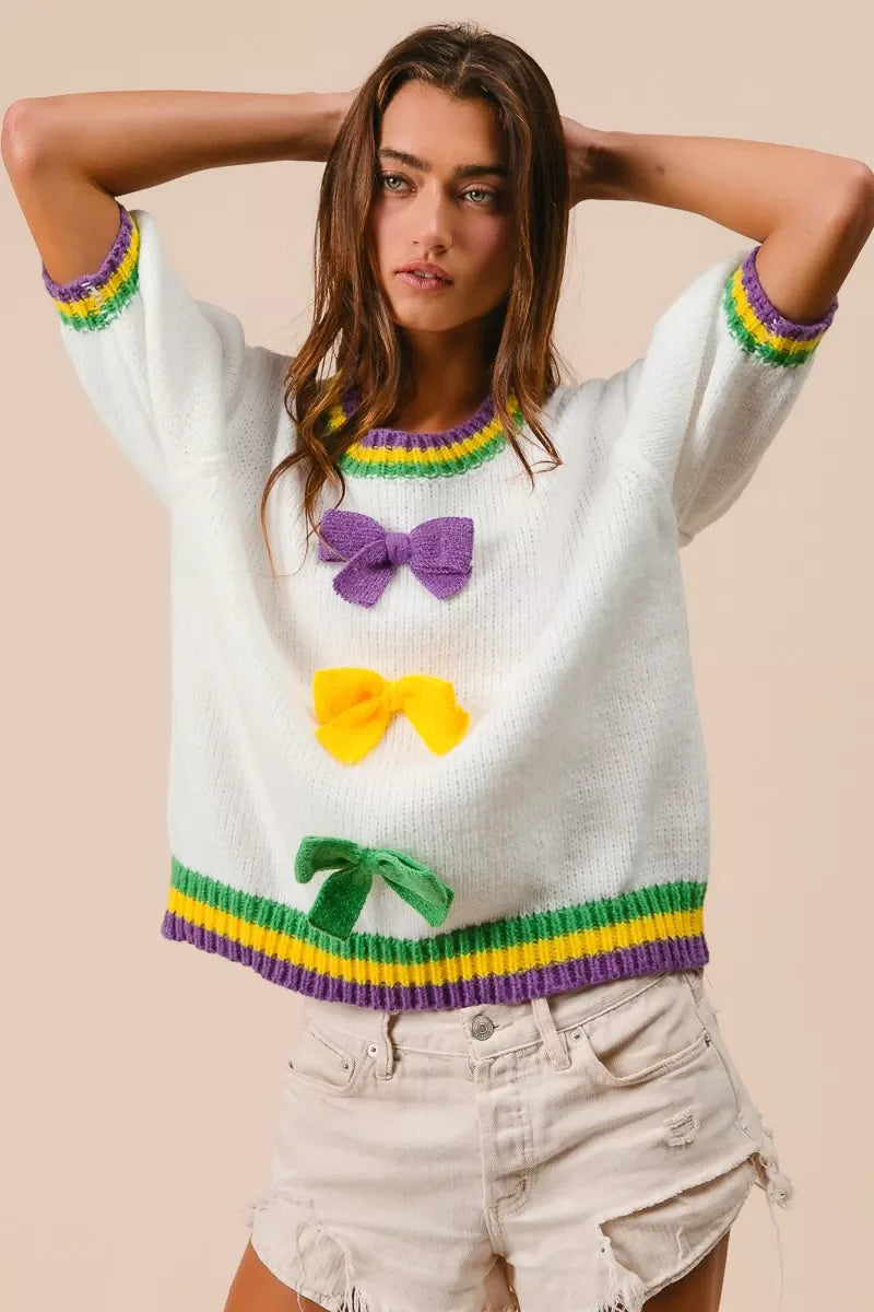 Short Puff Sleeve Ribbon Bow Mardi Gras Sweater