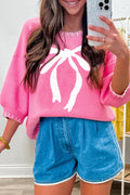 Sachet Pink Big Ribbon Bow Print Contrast Stitch Trim Drop Shoulder Sweater