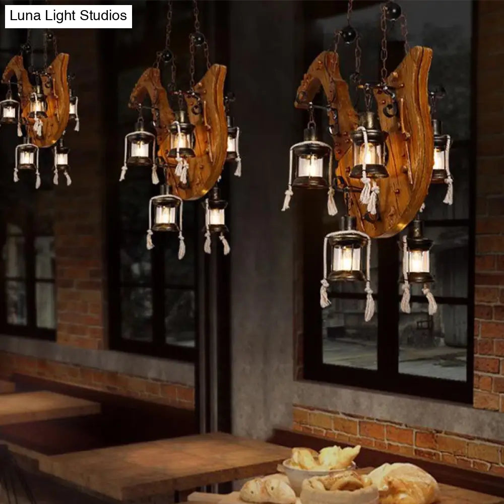 DecorBites™ 6-Light Dining Room Island Chandelier with Kerosene Clear Glass Shade - Factory Wood Hanging Light