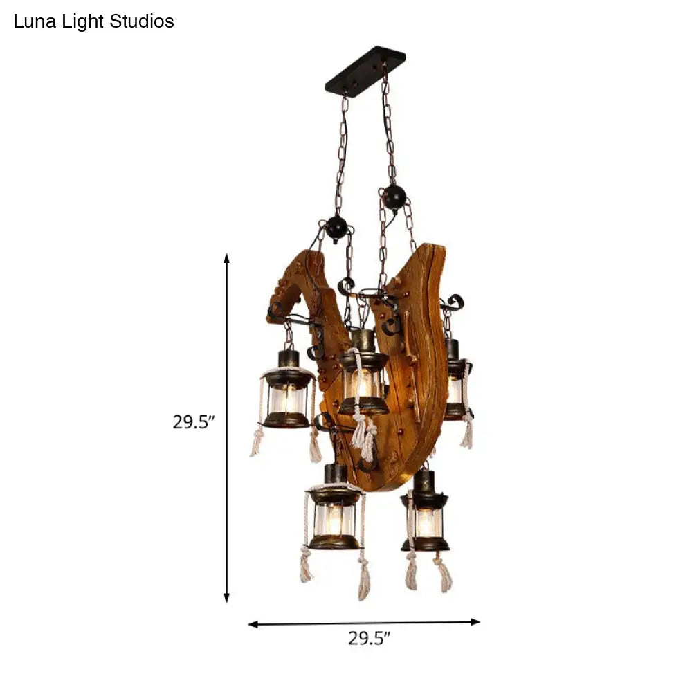 DecorBites™ 6-Light Dining Room Island Chandelier with Kerosene Clear Glass Shade - Factory Wood Hanging Light