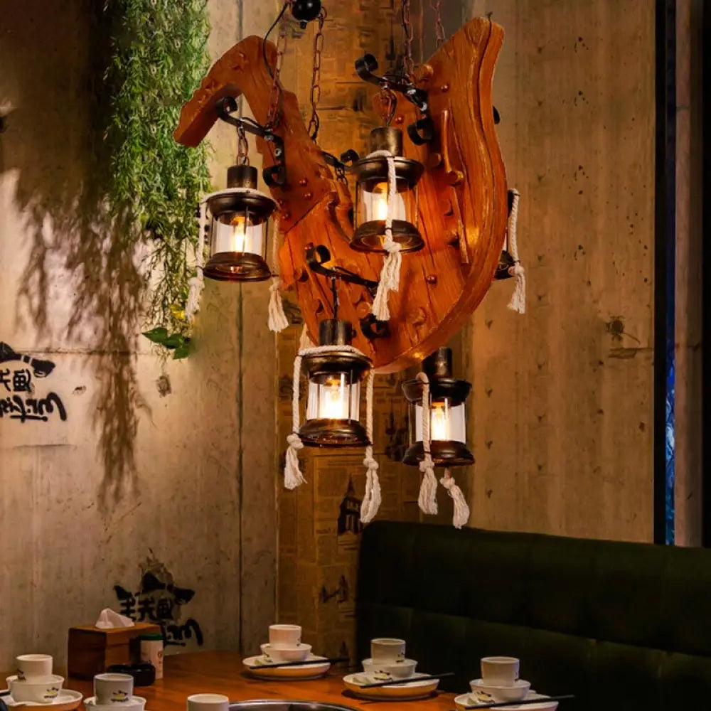 DecorBites™ 6-Light Dining Room Island Chandelier with Kerosene Clear Glass Shade - Factory Wood Hanging Light