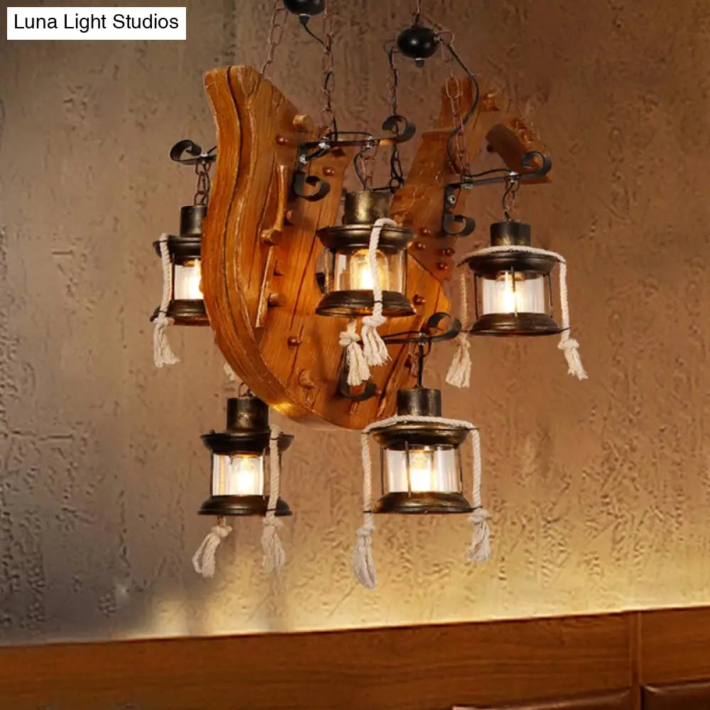 DecorBites™ 6-Light Dining Room Island Chandelier with Kerosene Clear Glass Shade - Factory Wood Hanging Light