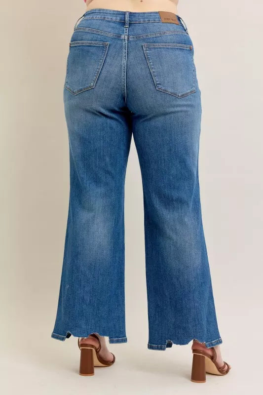 Full Size High Waist Tummy Control Chew Hem Destroy Wide Jeans Plus Size