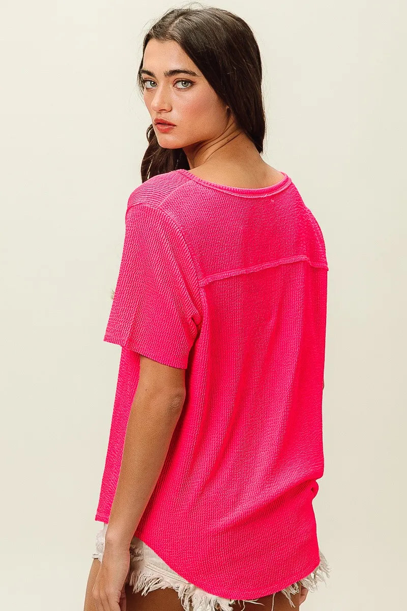 Waved Rib U Neck Top With Front Pocket