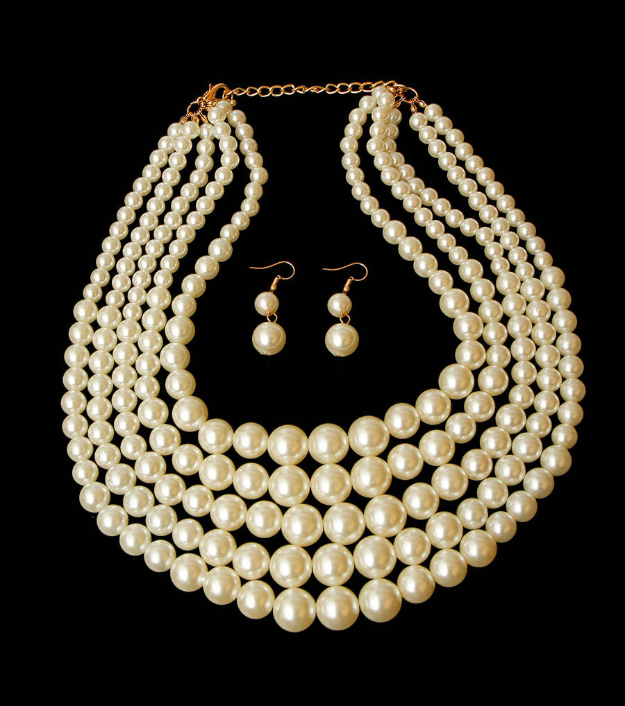 Multi Strand Cream Pearl Statement Necklace Set Chic Elegant Jewelry