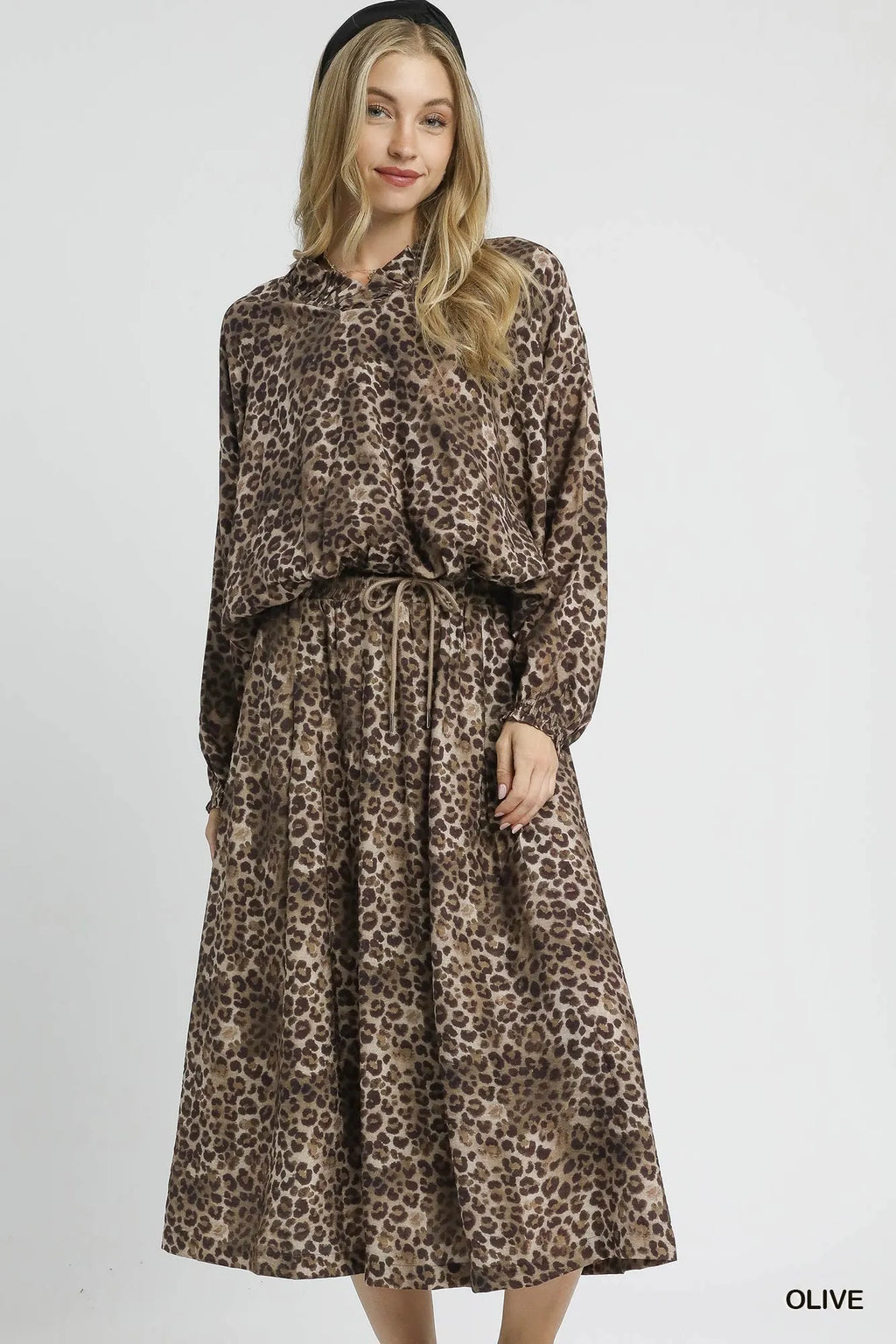 Drawstring Leopard Midi Skirt