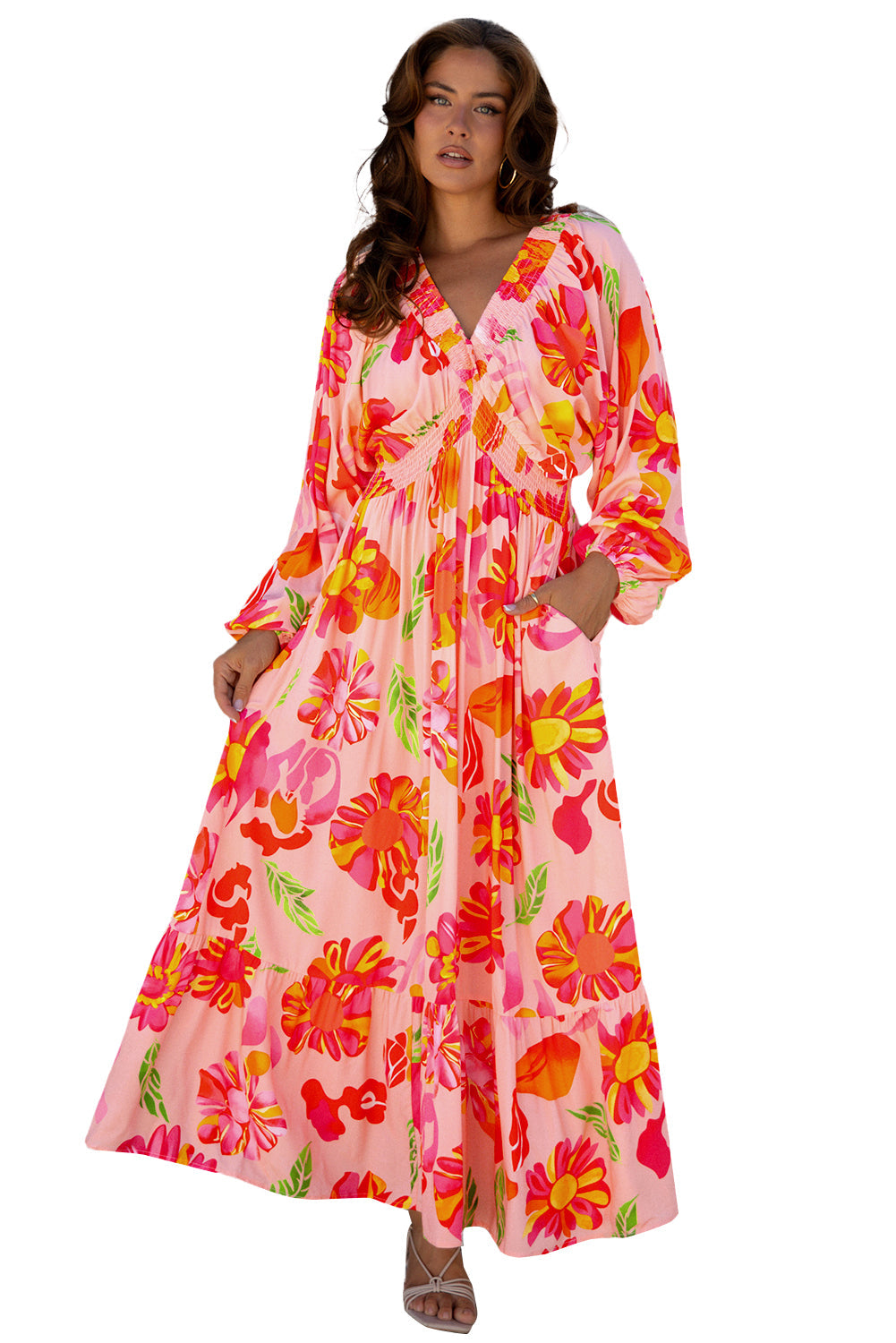 Beige Floral Print Smocked Detail V Neck Puff Sleeve Flowy Maxi Dress