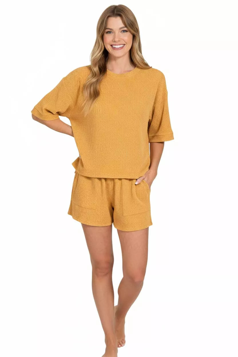 Raised Rib Short Sleeve Tee and Drawstring Shorts Set