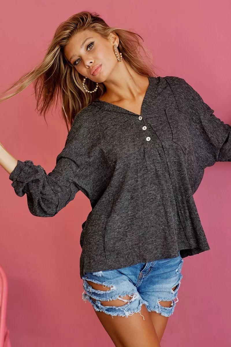 Textured Knit Hoodie with Buttoned Placket