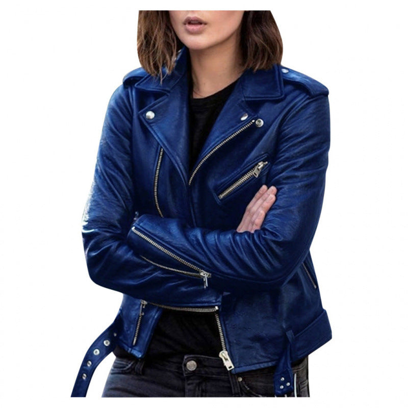 Women's Short Slim Fit PU Leather Jacket - Street Hipster Biker Style Coat