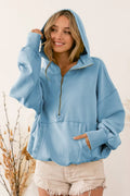 Stitch Detailed Elastic Hem Half Zip Fleece Hoodie
