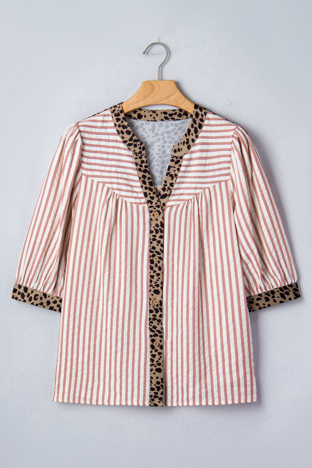 Pink Stripe Leopard Trim V Neck Button Down Half Sleeve Shirt
