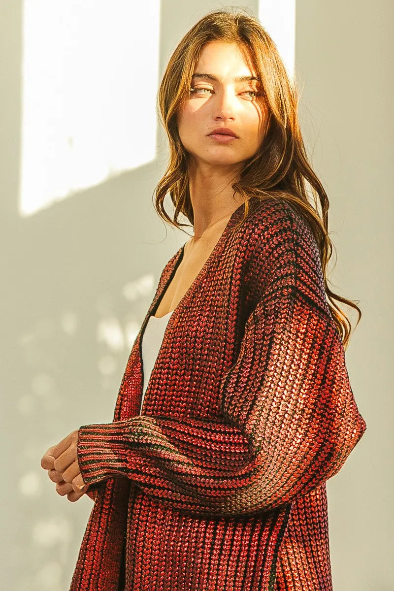 Metallic Knit V-neck Open Sweater Cardigan