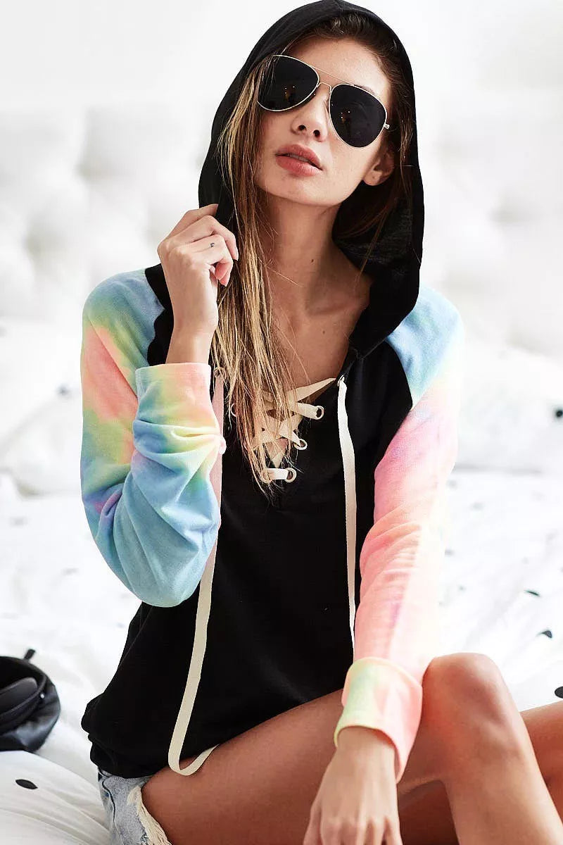 French Terry Lace Up Hoodie With Tie Dye Sleeves