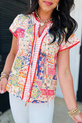 Red Mixed Print V Neck Short Sleeve Blouse
