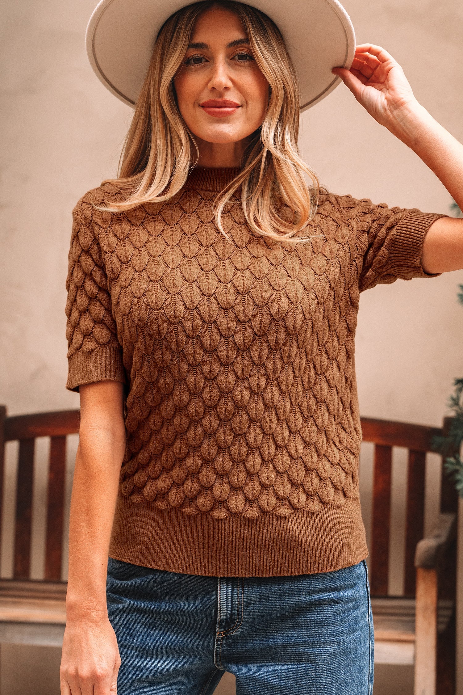 Straw Yellow Fish Scale Textured Knit Ribbed High Neck Short Sleeve Sweater