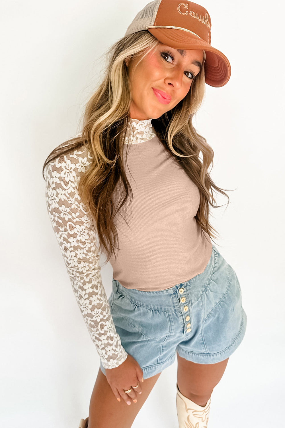 Beige Floral Lace Patchwork Long Sleeve High Neck Slim Top