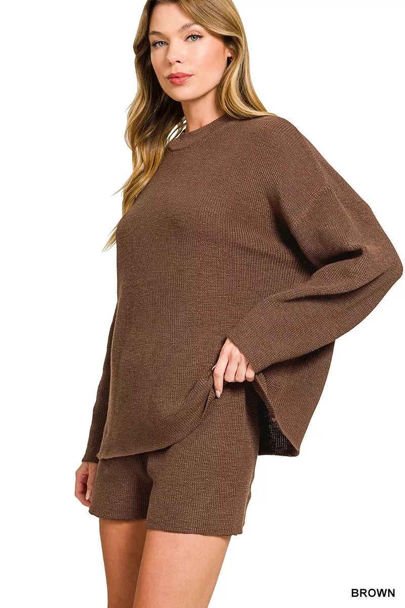 Round Neck Knit Top and Shorts Sweater Set