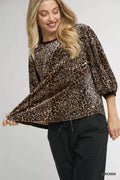 Leopard Round Neck Three-Quarter Sleeve Blouse