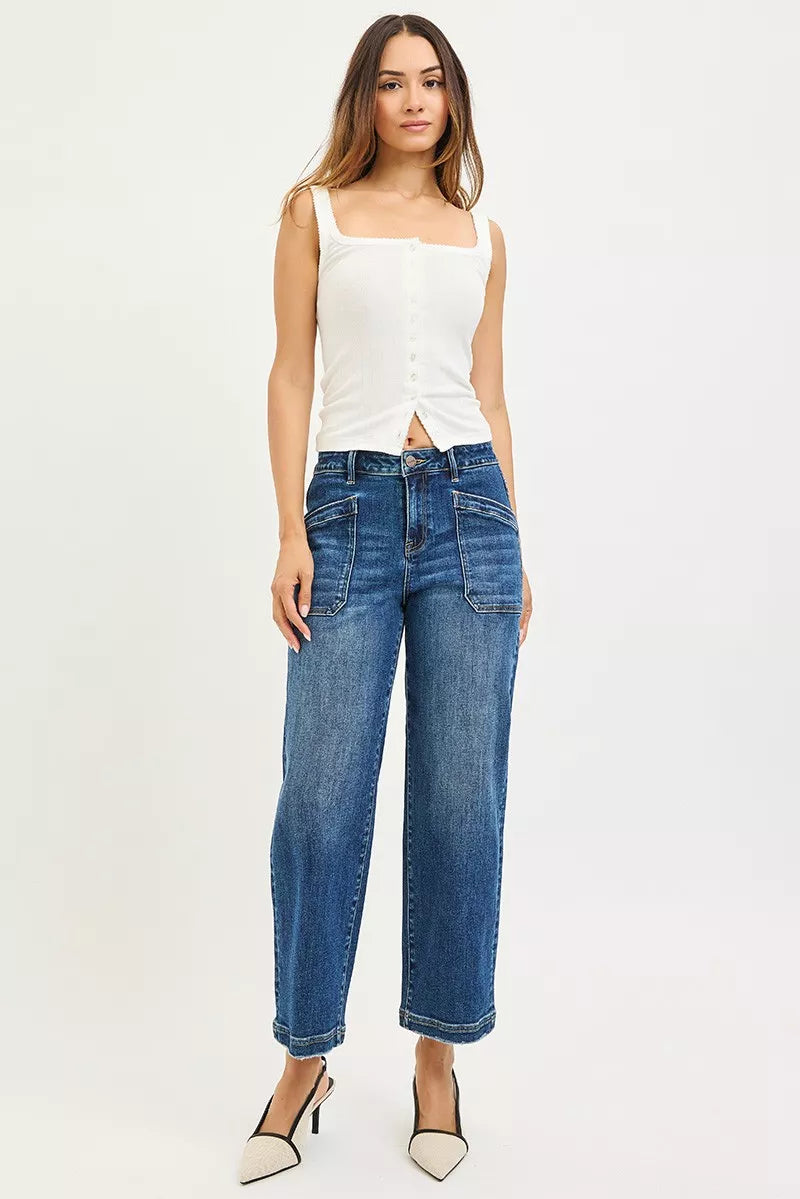 Slouchy Cropped Baggy Jeans with Front Patch Pocket