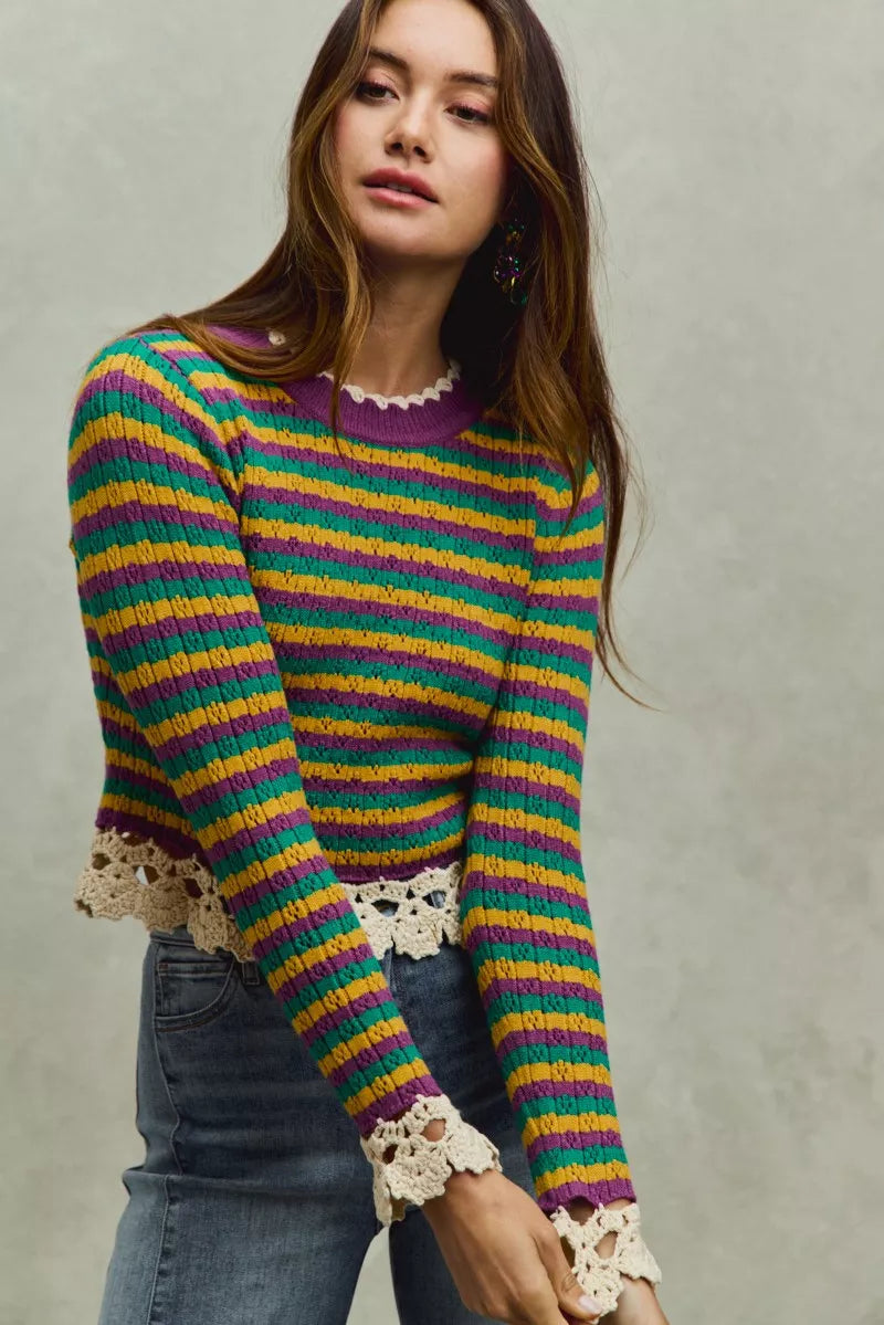 Mardi Gras Striped Cropped Knit Top with Crochet Edge