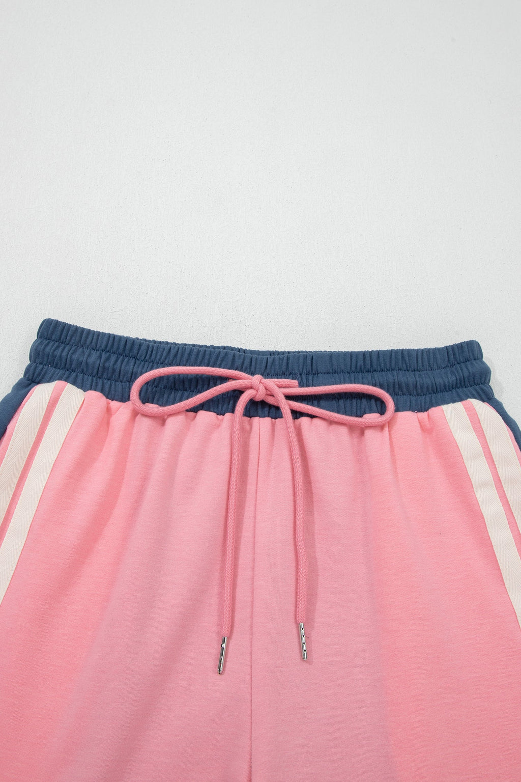 Pink Color Block Patchwork Varsity Striped Detail Drawstring Elastic Waist Shorts
