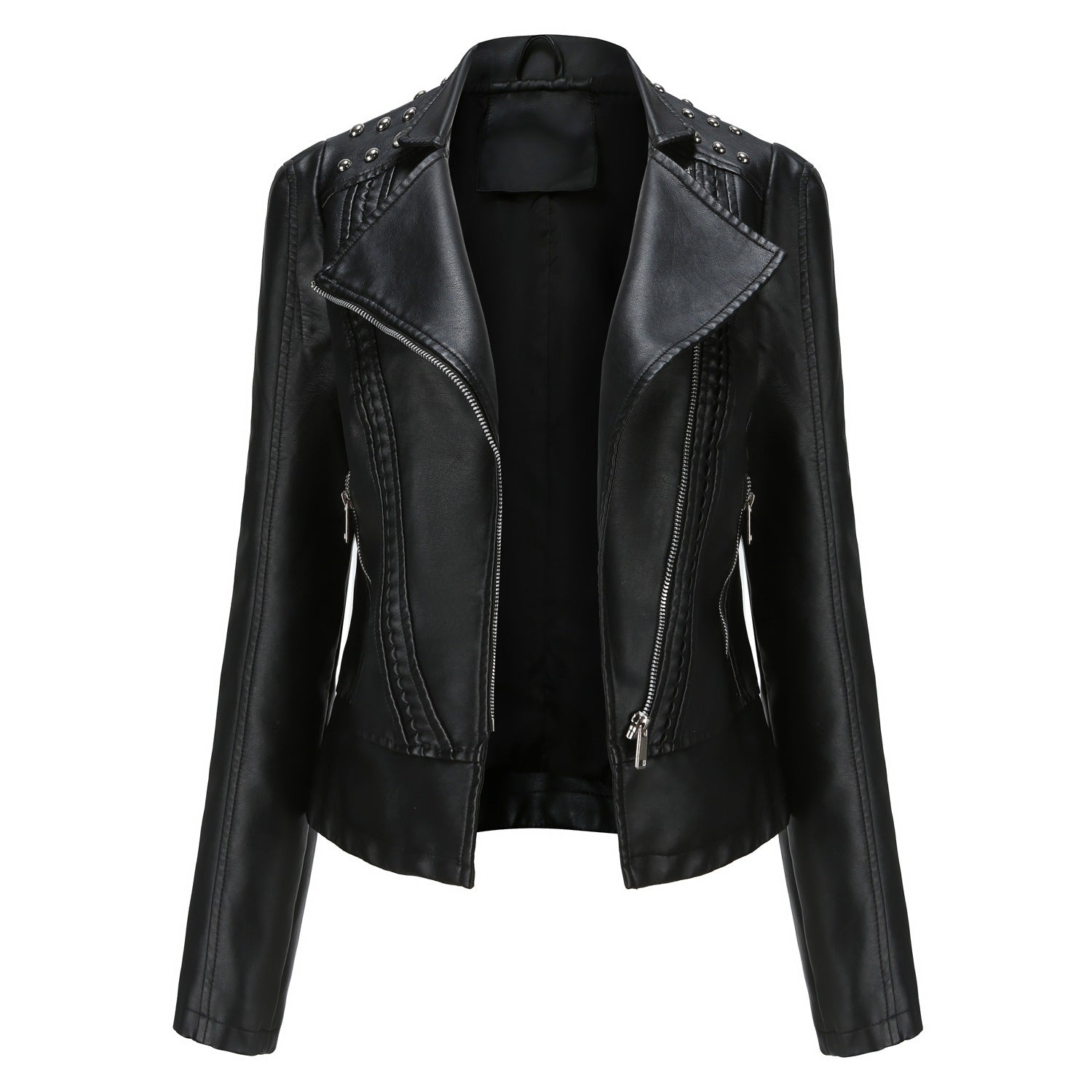 Women's Beaded Faux Leather Jacket - Long Sleeve Street Fashion Motorcycle Coat (Black/Red/Purple/Pink/Camel/Beige, XS-XXL)