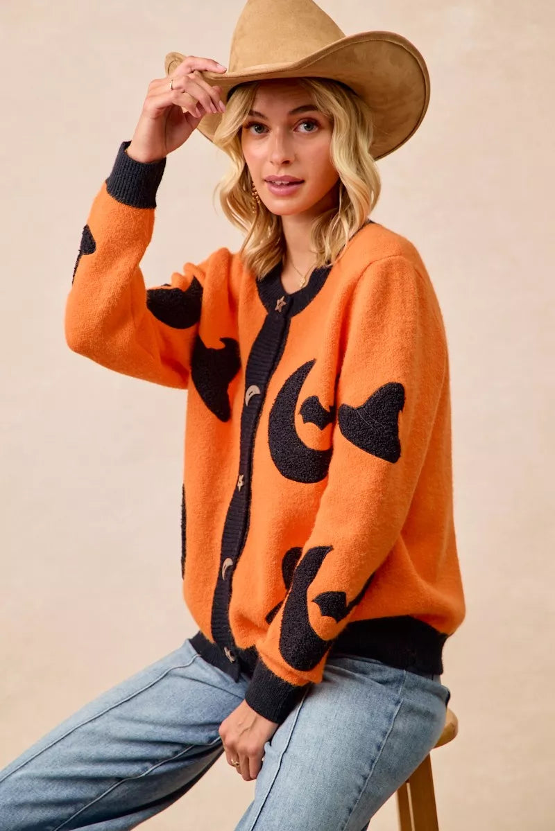 Halloween Witch Hat Moon Bat Artwork Cardigan