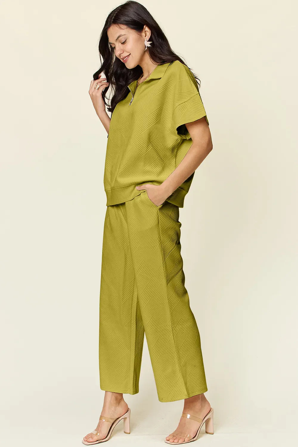 I am a Fashion Junky Full Size Texture Half Zip Short Sleeve Top and Pants Set