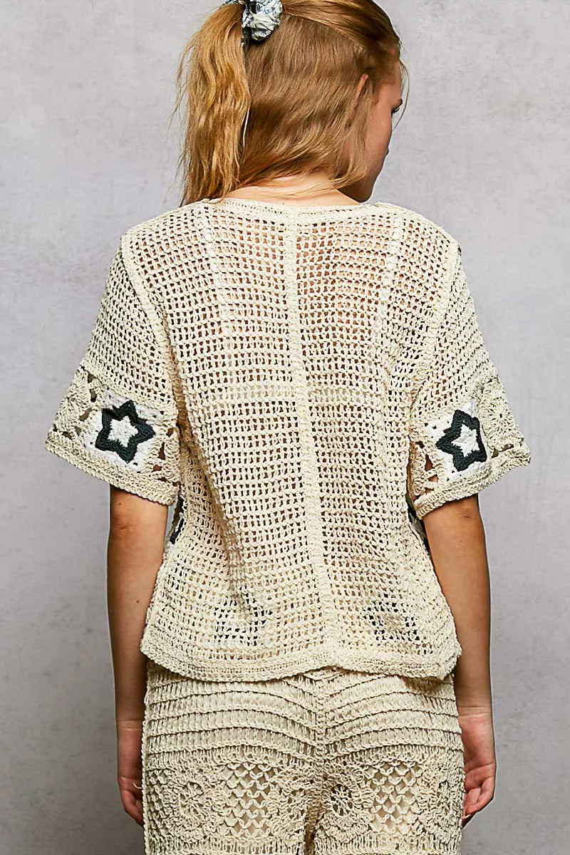Button Front V-Neck Crochet Cardigan with Contast Star