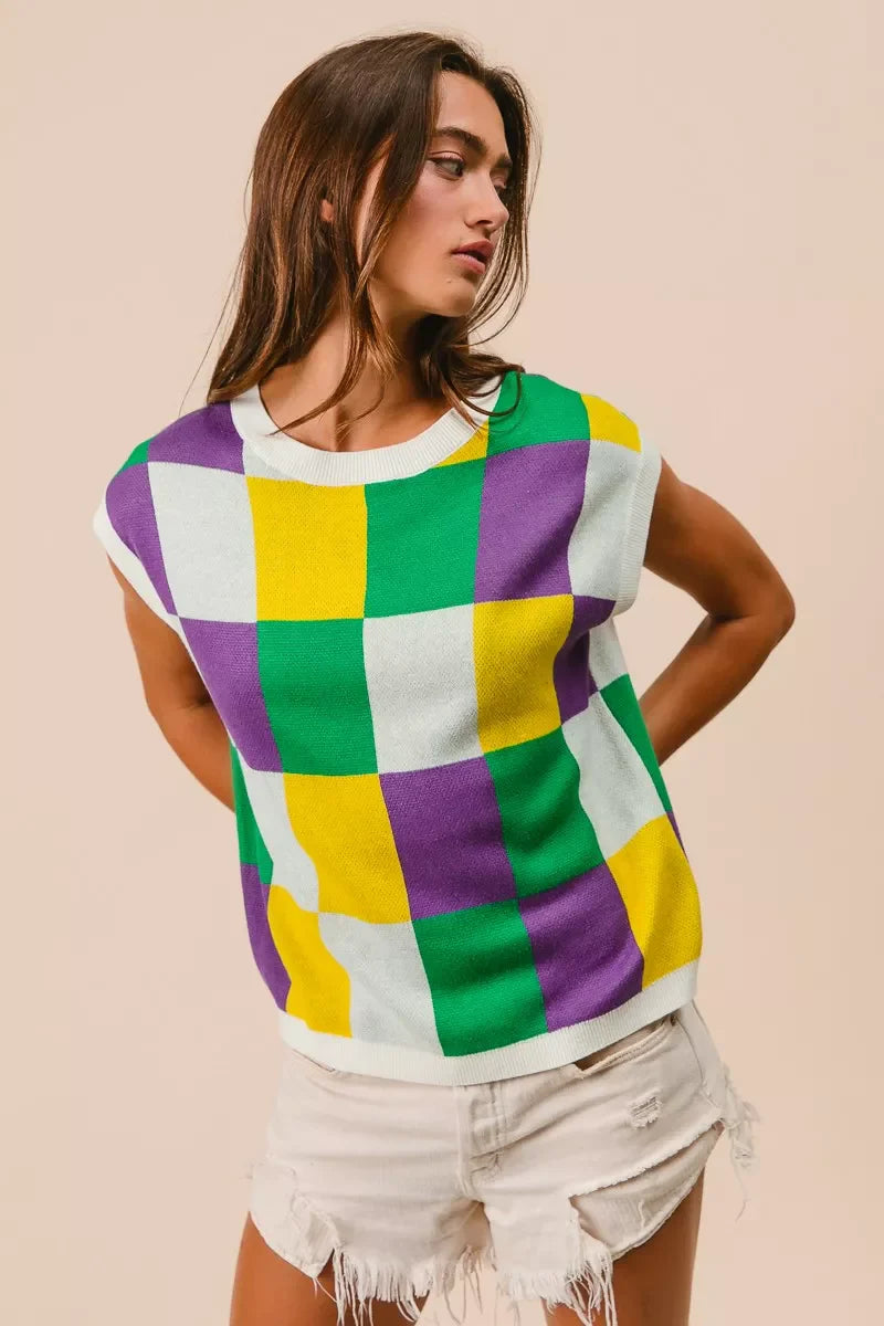 Mardi Gras Checker Pattern Sleeveless Sweater Top