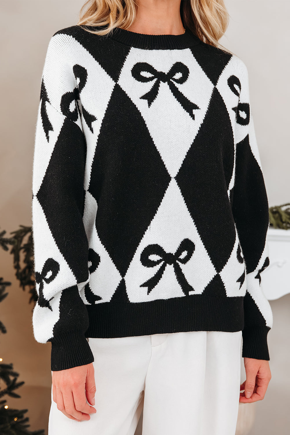 Black Bow Print 2-tone Rhombus Knit Loose Sweater