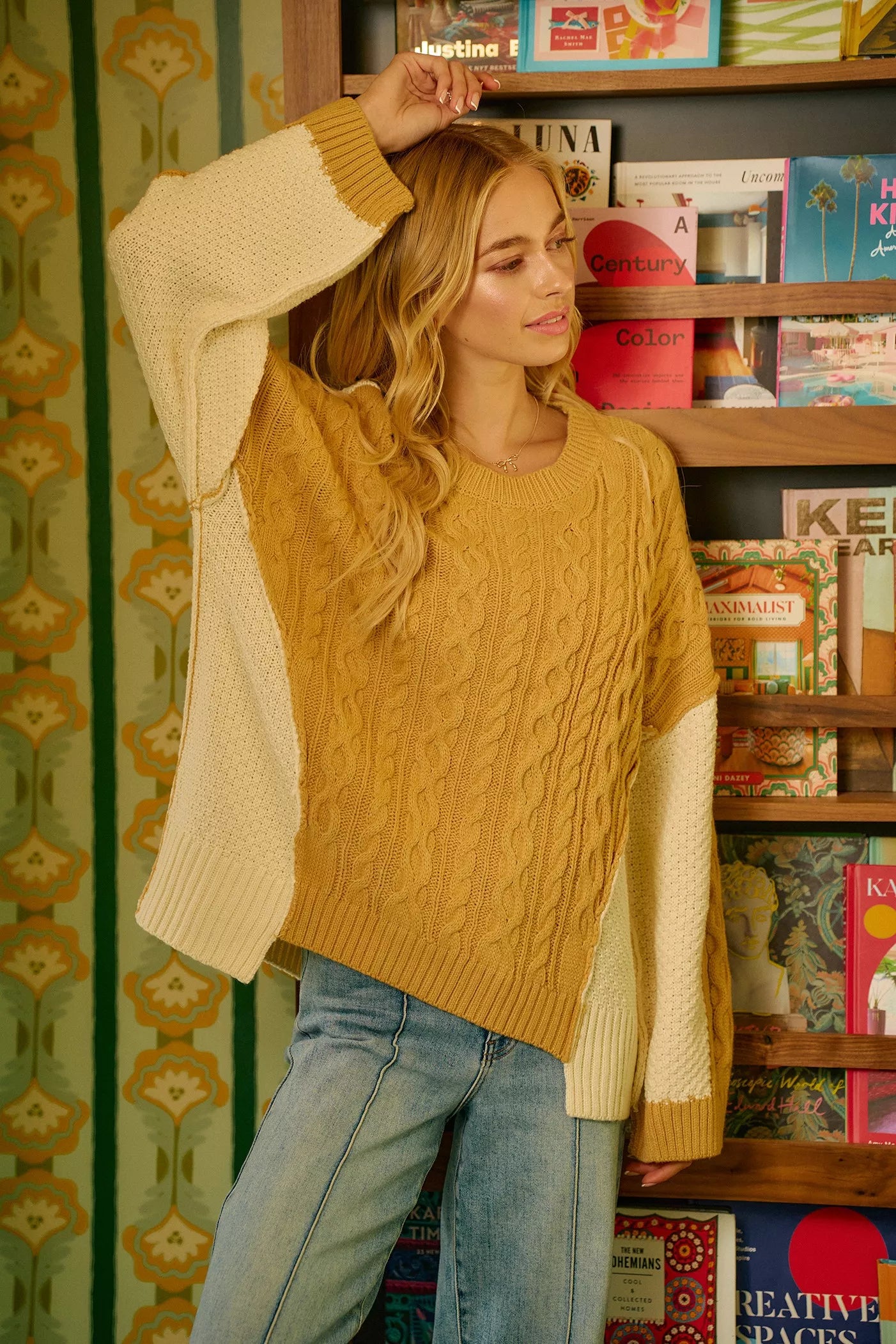 Cable Knit With Hacci Combo Sweater With Uneven Hem Detail