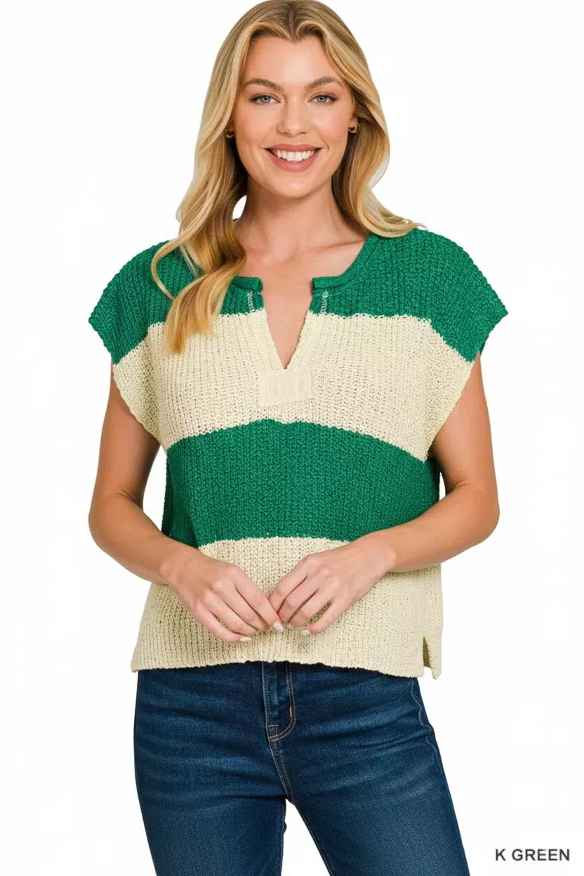 Split Neck Sleeveless Stripe Sweater