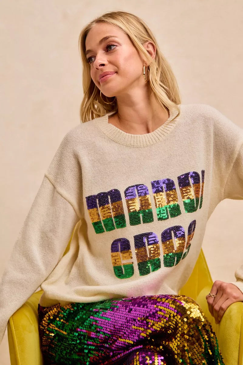 Mardi Gras Sequin Lattering Knit Top