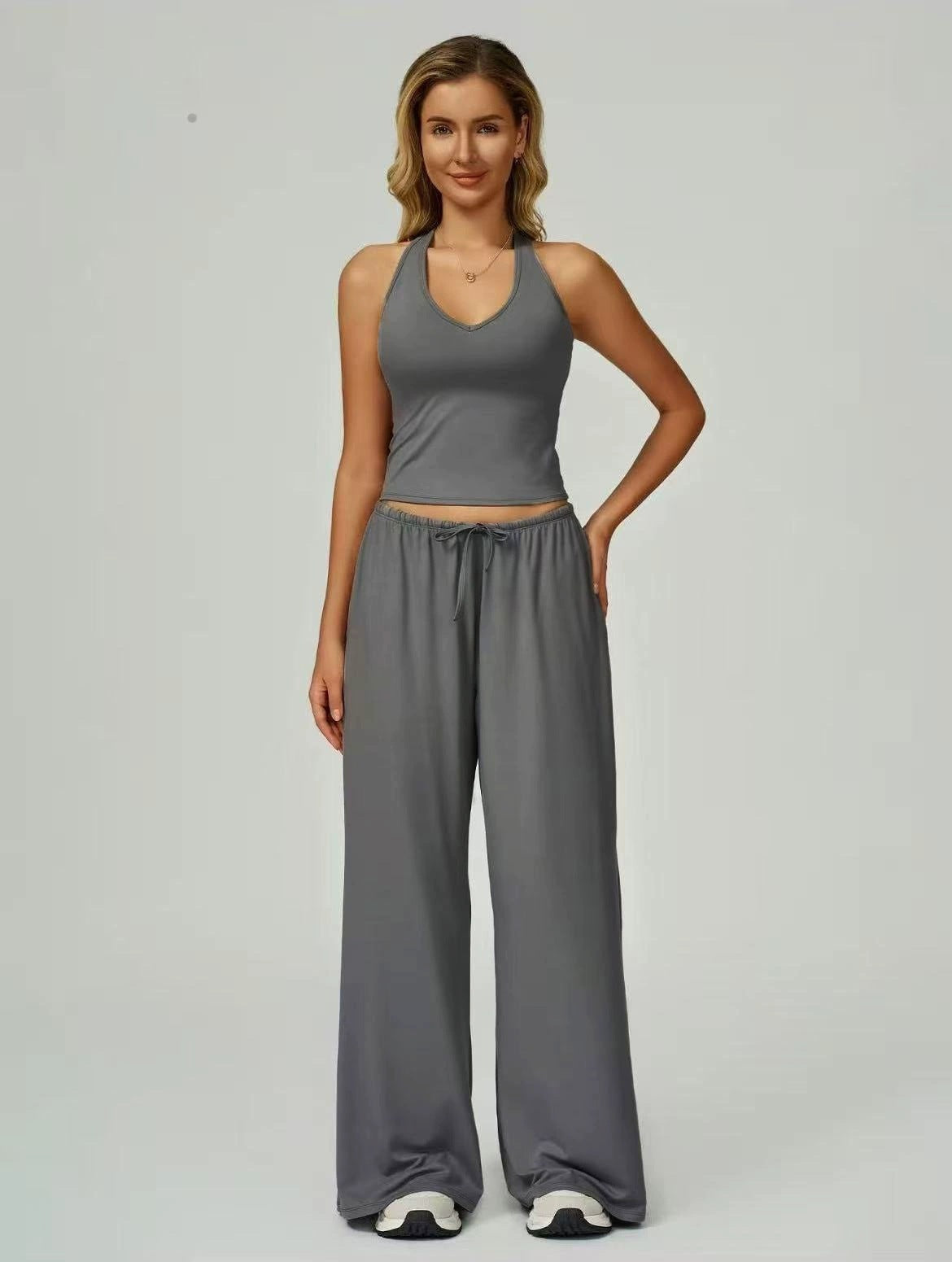 Women's Sporty Crop Tank & Wide-Leg Pants Set