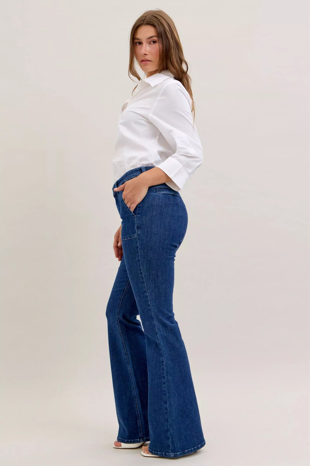 High Waist Flare Jeans with Front Patch Pockets