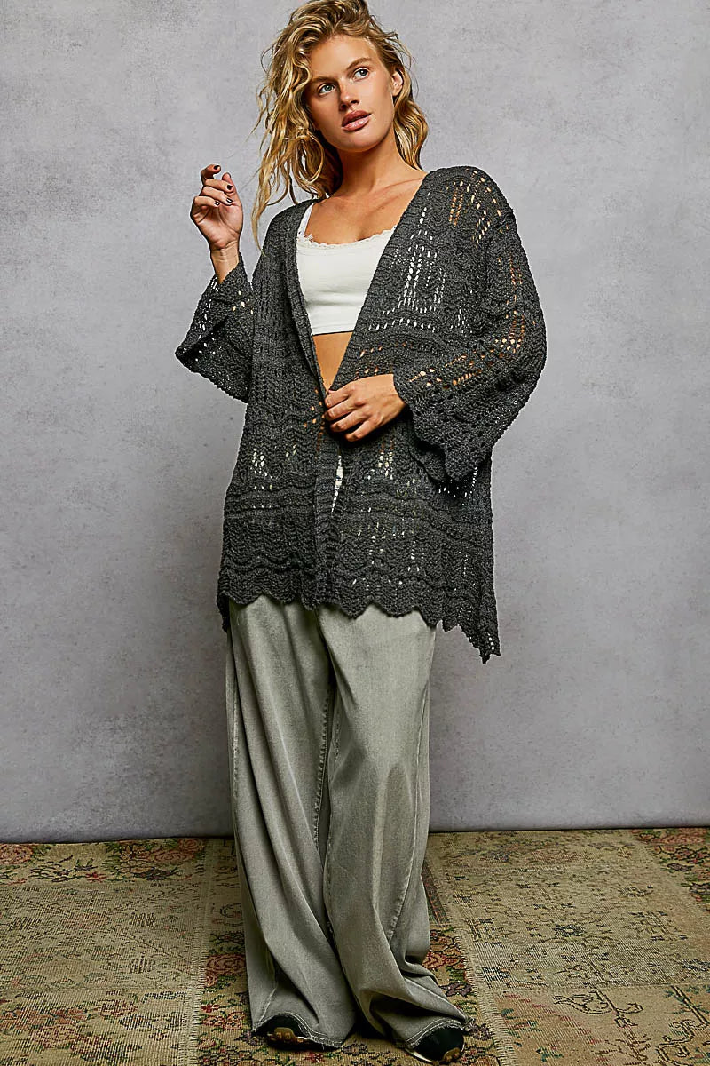 Openwork Lightweight Open Front Cardigan with Scalloped Edge