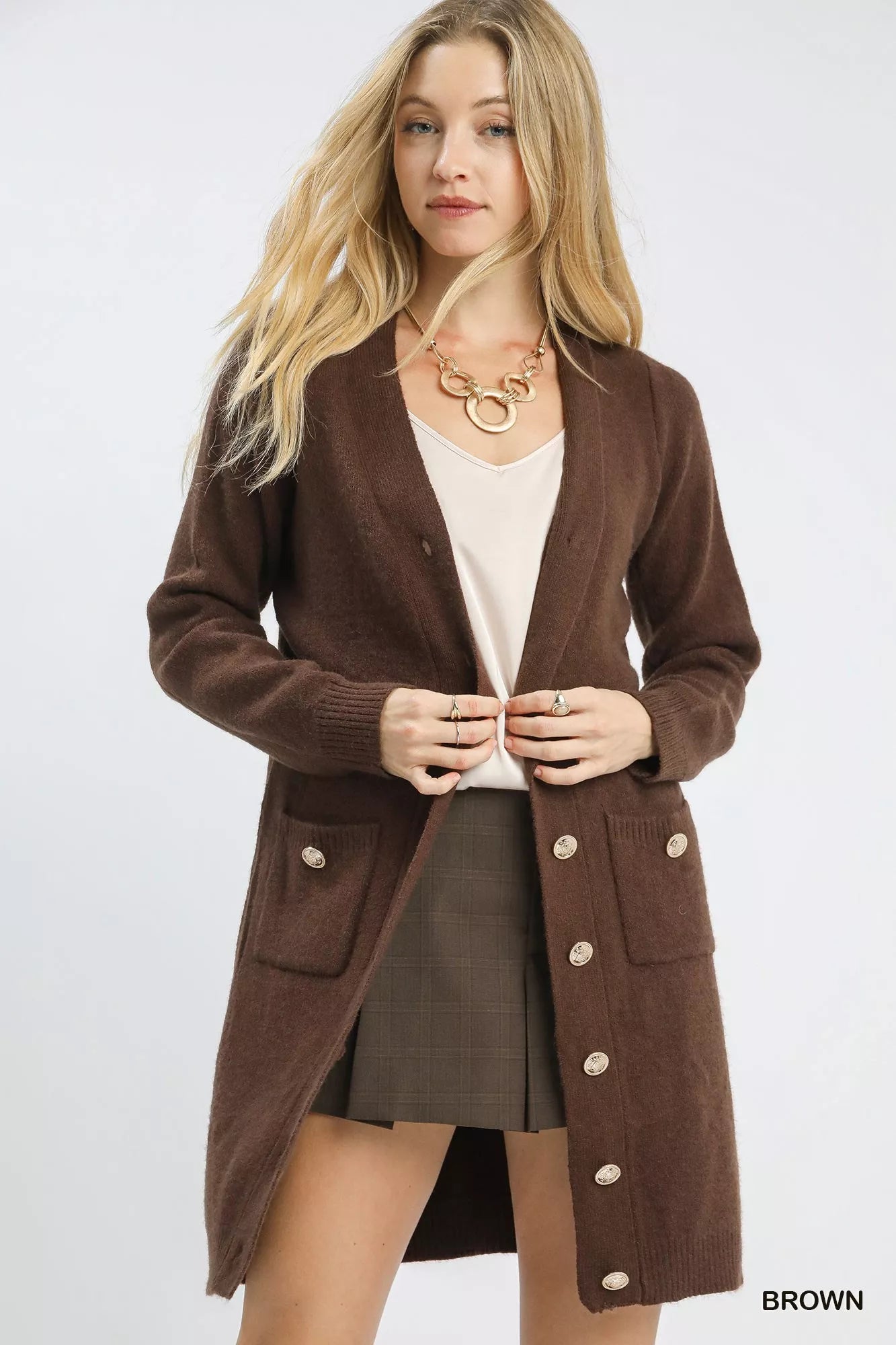Button-Down Longline Sweater Cardigan with Front Pockets