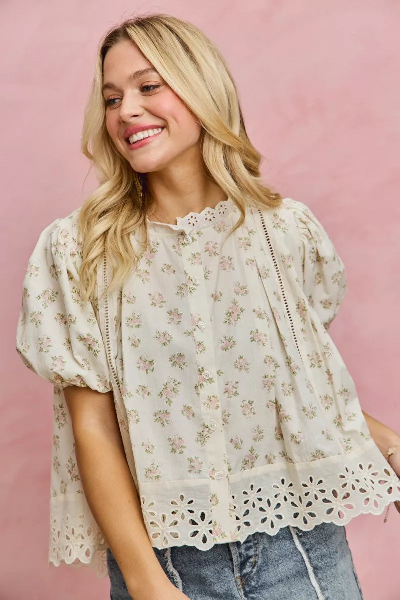 Floral Print Lace Trim Short Sleeves Blouse