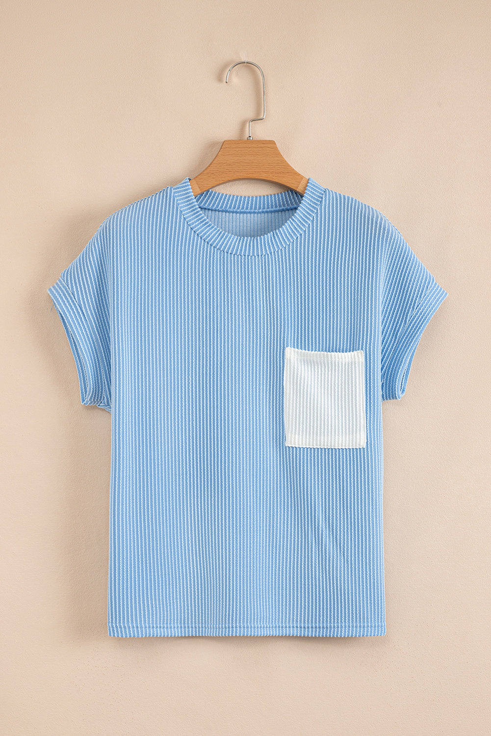 Light Blue Corded Colorblock Pocket Crew Neck T Shirt