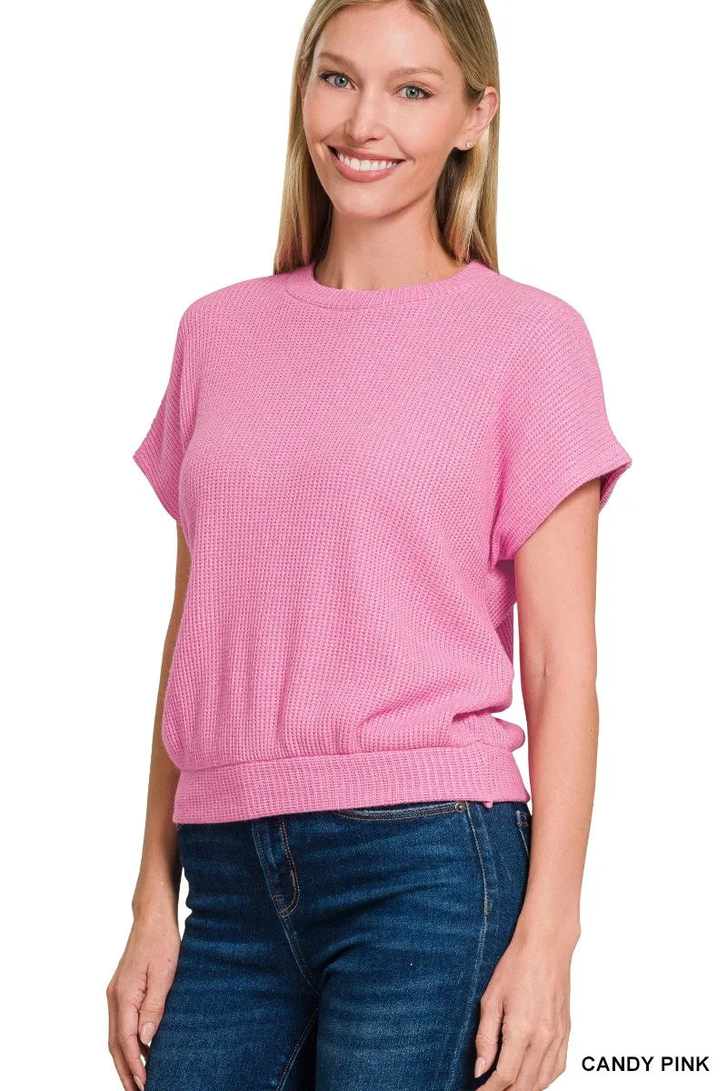 Round Neck Banded Botton Short Sleeve Sweater