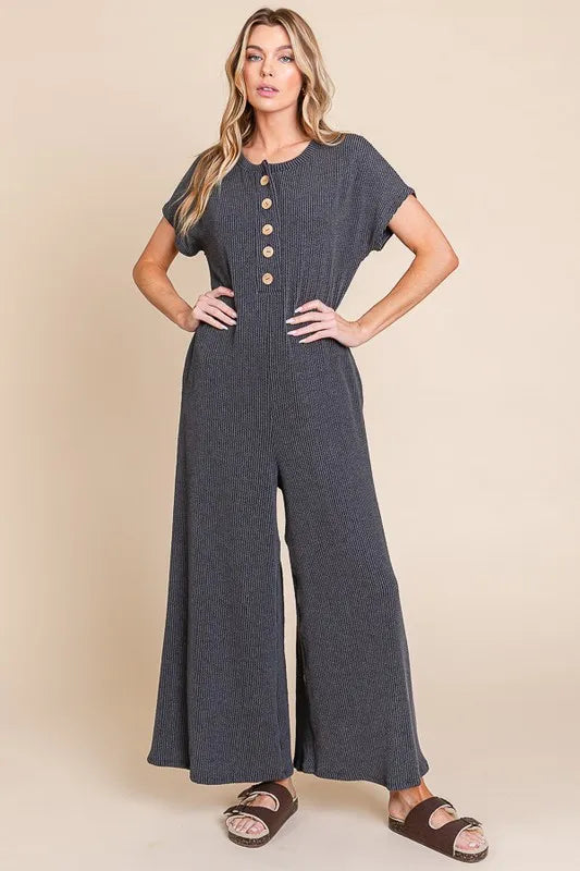 Rib Knit Jumpsuit with Button Detail
