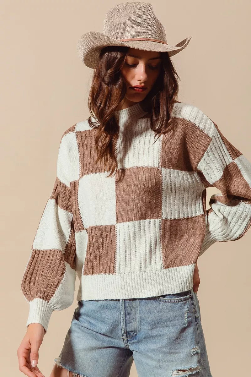 Ribbed Color Block Checkered Plaid Sweater