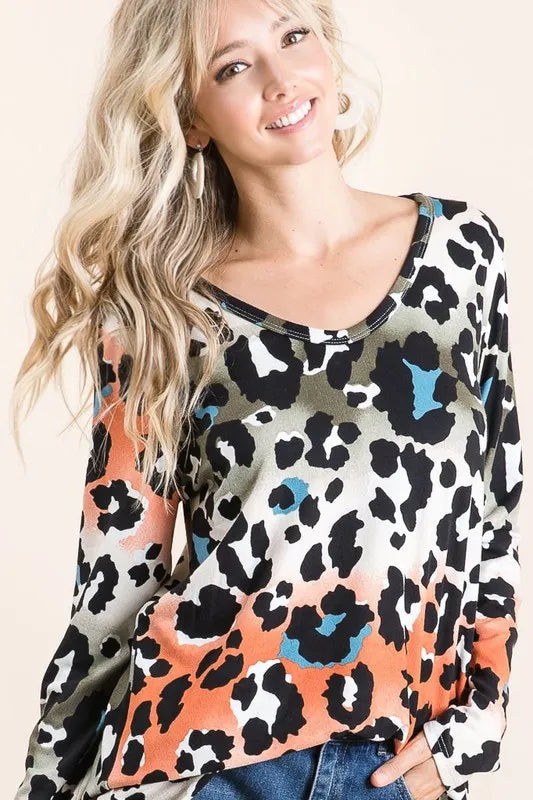 Gradation Leopard Print Soft Knit Deep U Neck Top