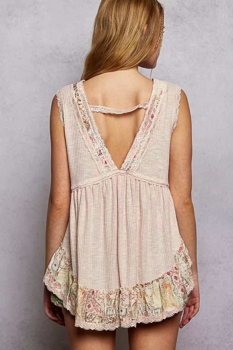 Lace Detail Ruffled Ribbed Sleeveless Top with Floral Pattern Trim Detail