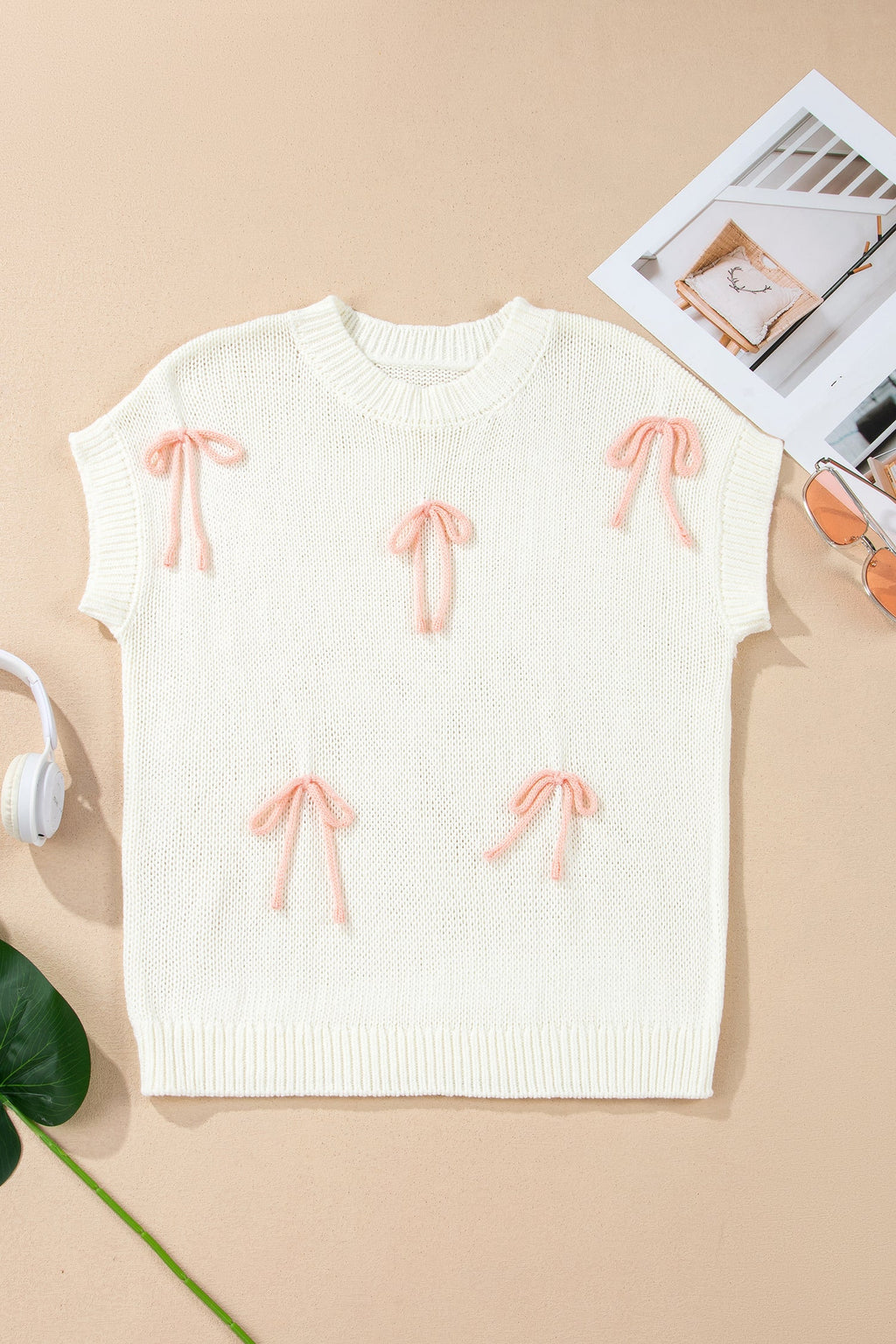 White Short Sleeve Knit Contrast Bow Knot Loose Sweater