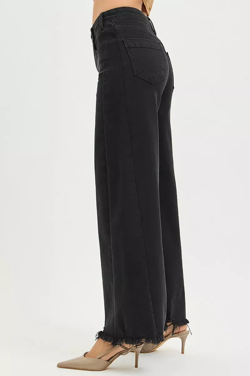 Tummy Control High Rise Palazzo Leg Frayed Hem Jeans